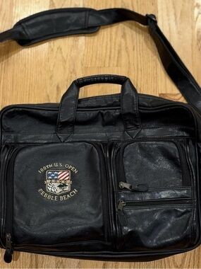 Pebble Beach Black Leather Laptop Bag with 100th U.S. Open